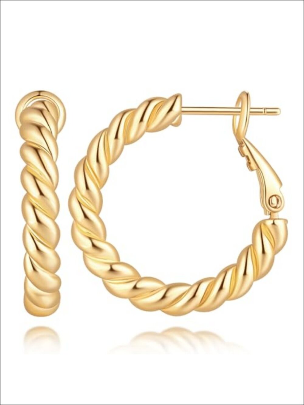 14K Gold Plated Hoop Earrings Twisted Rope Hidden Closure Women